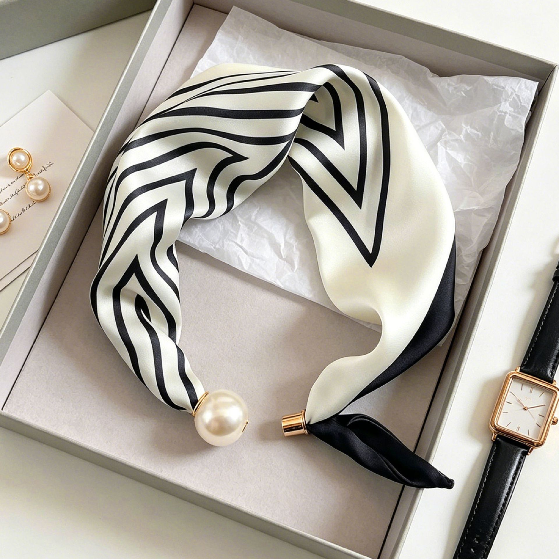 Elegant Chic Pearl Stripe Scar - Silk Neck Scarf review and price